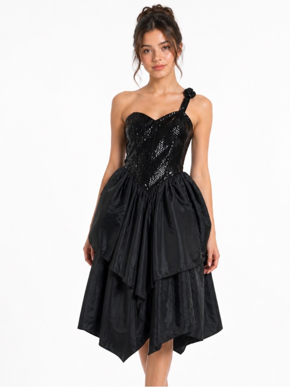 Vintage Nadine size 11 Black Sequin one  Strap Ruffled Cocktail Womens Dress